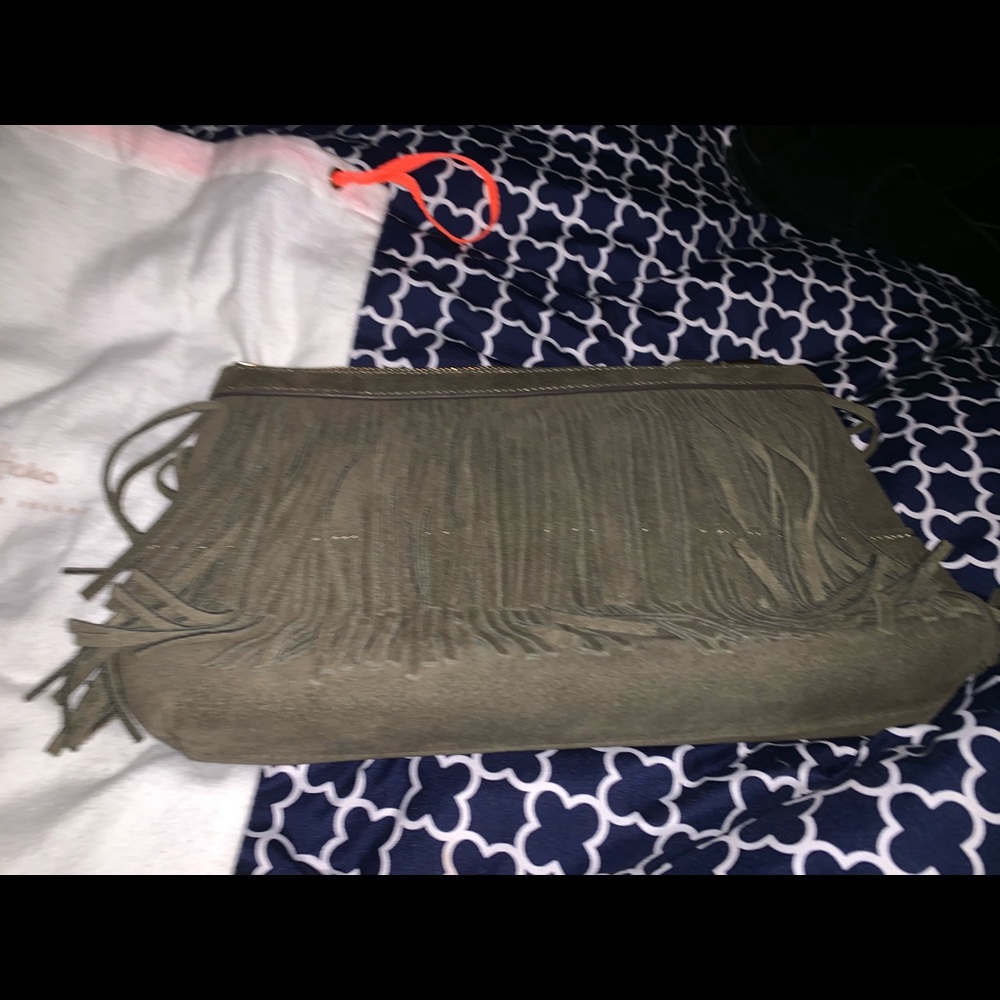 India Hicks olive clutch with fringe